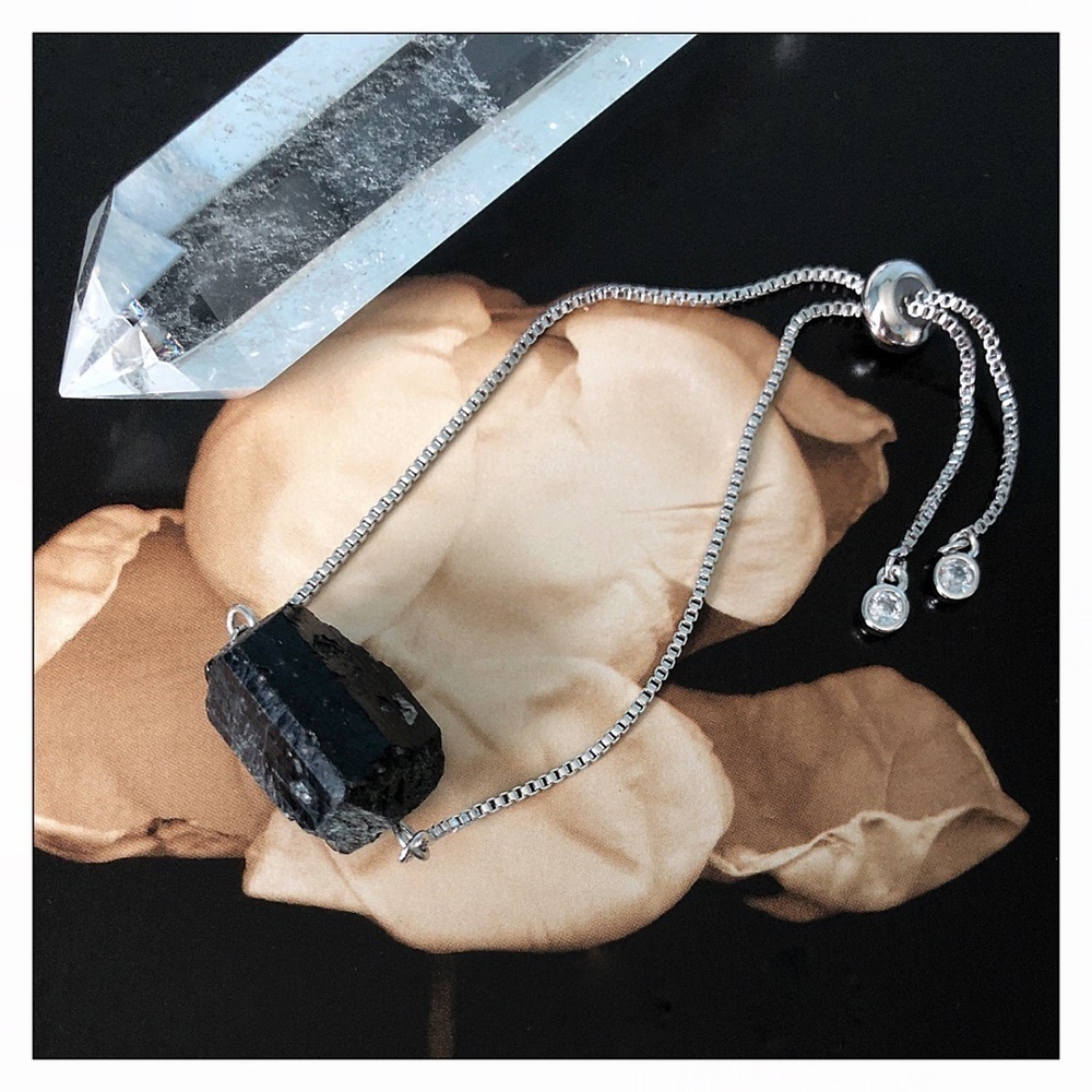 NEW Raw Black Tourmaline Silver Bolo Healing Bracelet